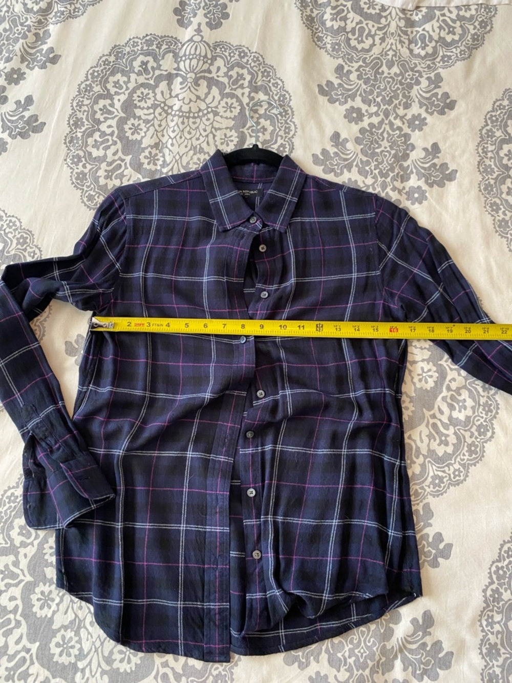 Banana Republic Navy Blue Plaid Button-Down Shirt with Purple Accents